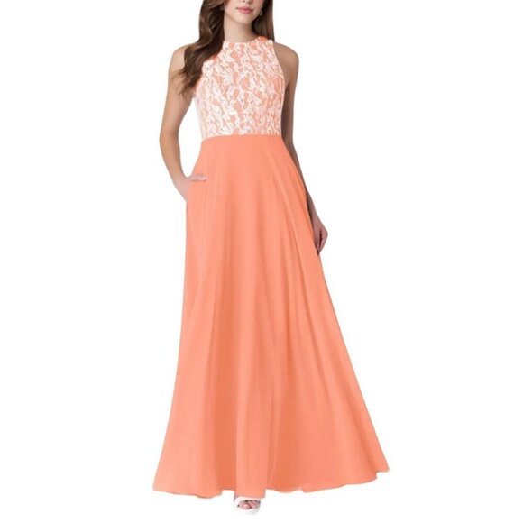Azazie Kate Maxi Dress Agave Peach Pink Lace Chiffon Bridesmaid Prom Dance A6 - Picture 1 of 14